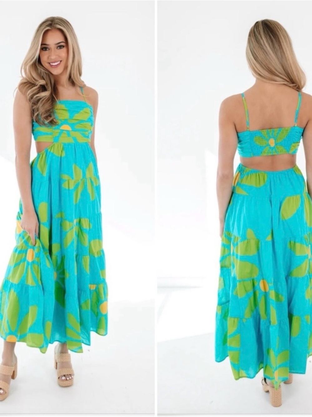 Bright Turquoise Floral Maxi Dress with Cutout Bodice